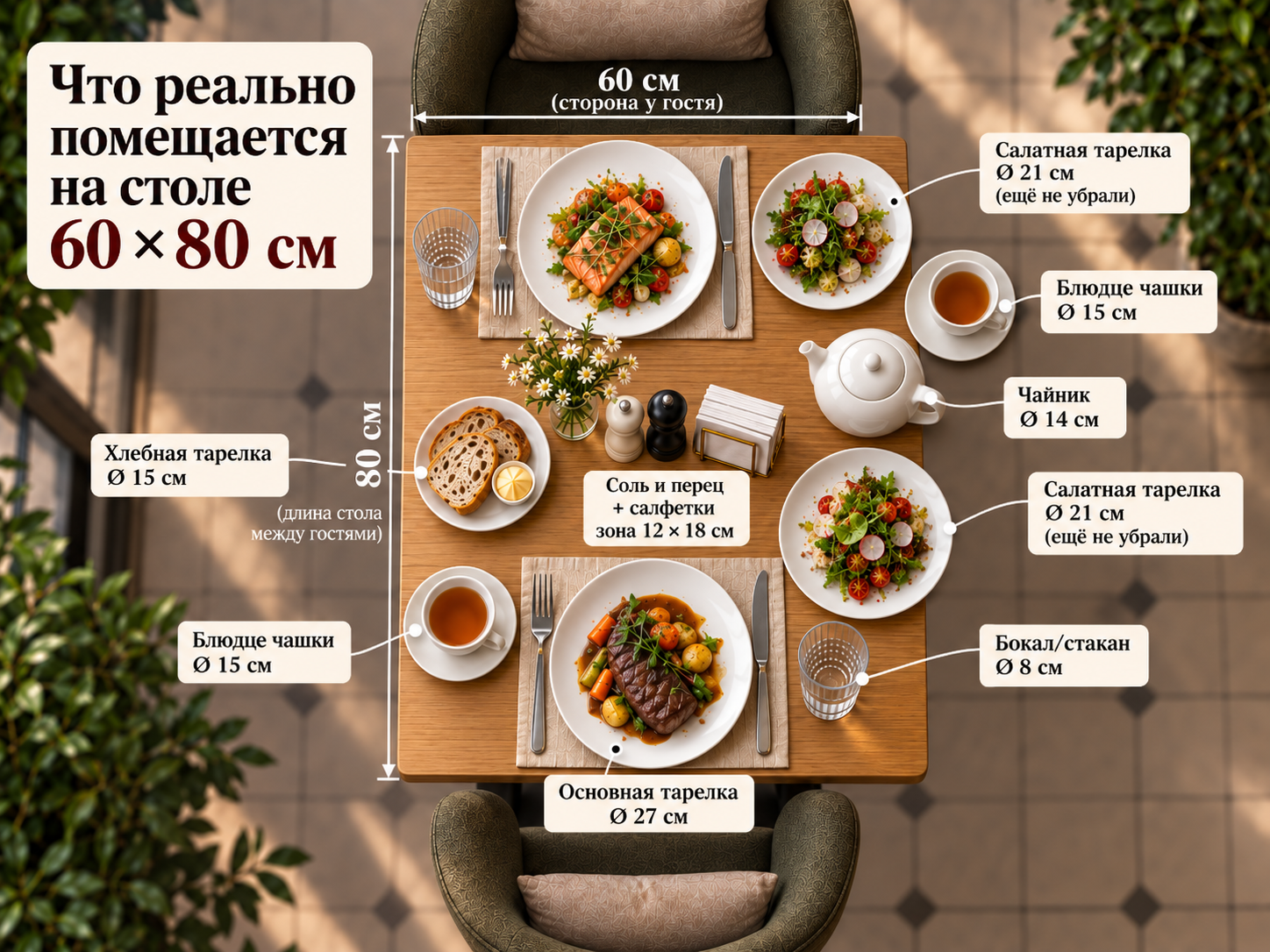 Сервировка стола 60 на 80 сантиметров с посудой и предметами в центре