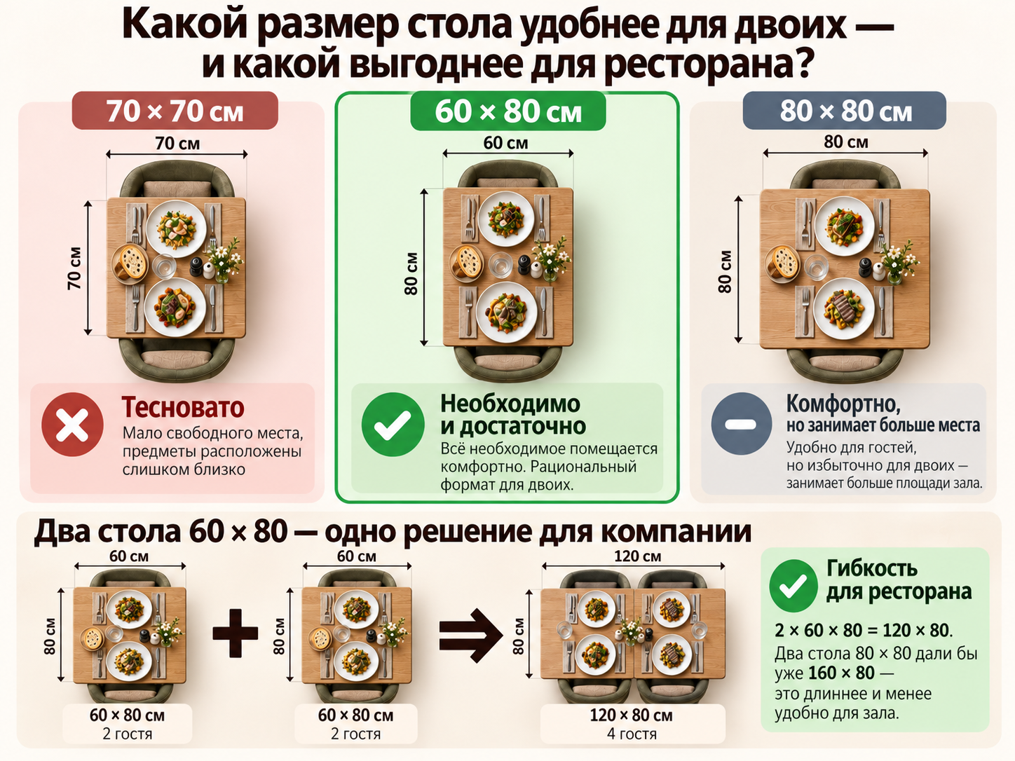 Сравнение размеров столов 70 на 70, 60 на 80 и 80 на 80 сантиметров