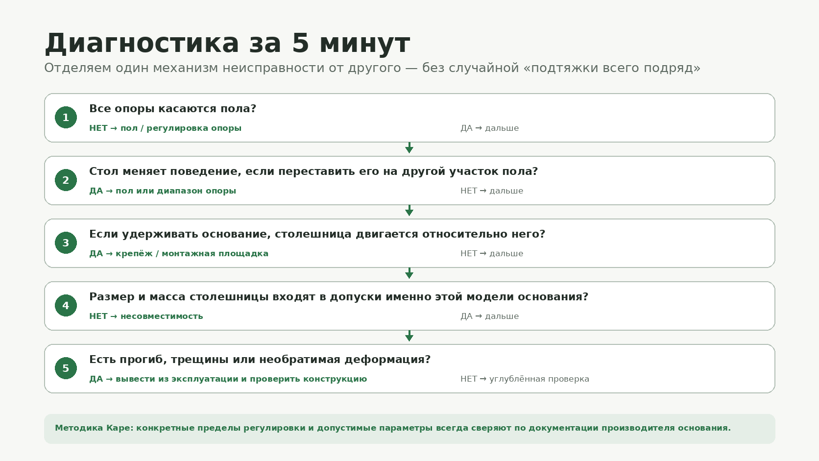 Дерево диагностики шатающегося ресторанного стола от пола и регулируемых опор до крепежа и деформации