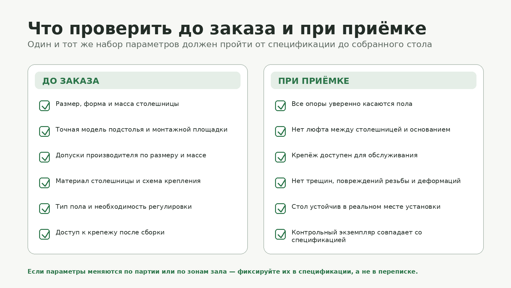 Чек-лист проверки ресторанного стола до заказа и при приёмке партии