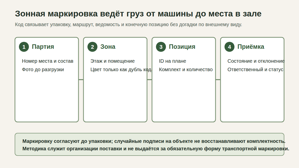 Схема маршрута зонной маркировки мебели от партии и грузового места до позиции и приёмки