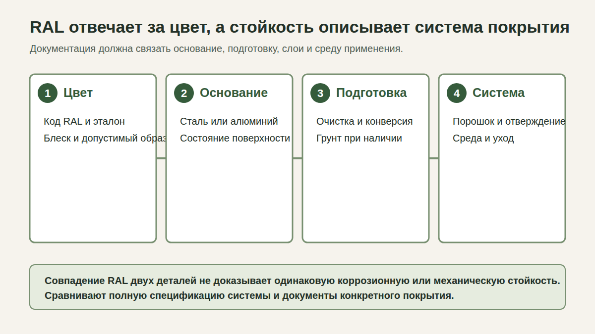Схема документации порошковой окраски: цвет RAL, основание, подготовка и система покрытия
