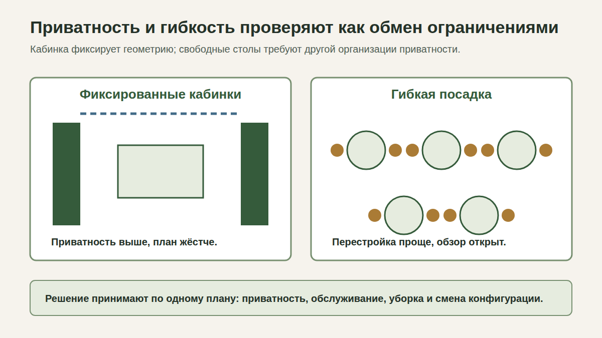 Сравнение фиксированных кабинок и гибкой посадки на плане