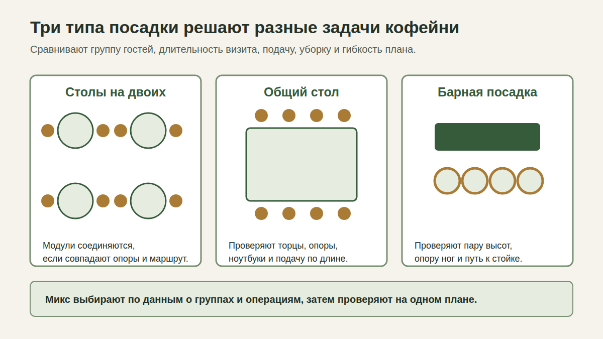 Планы столов на двоих, общего стола и барной посадки в кофейне