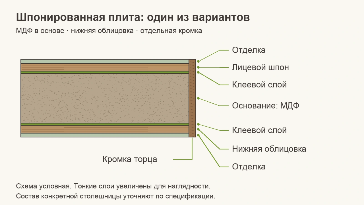 Разрез шпонированной плиты: лицевой слой, основа и нижняя облицовка