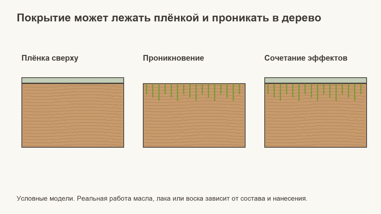 Покрытие может лежать плёнкой и проникать в дерево