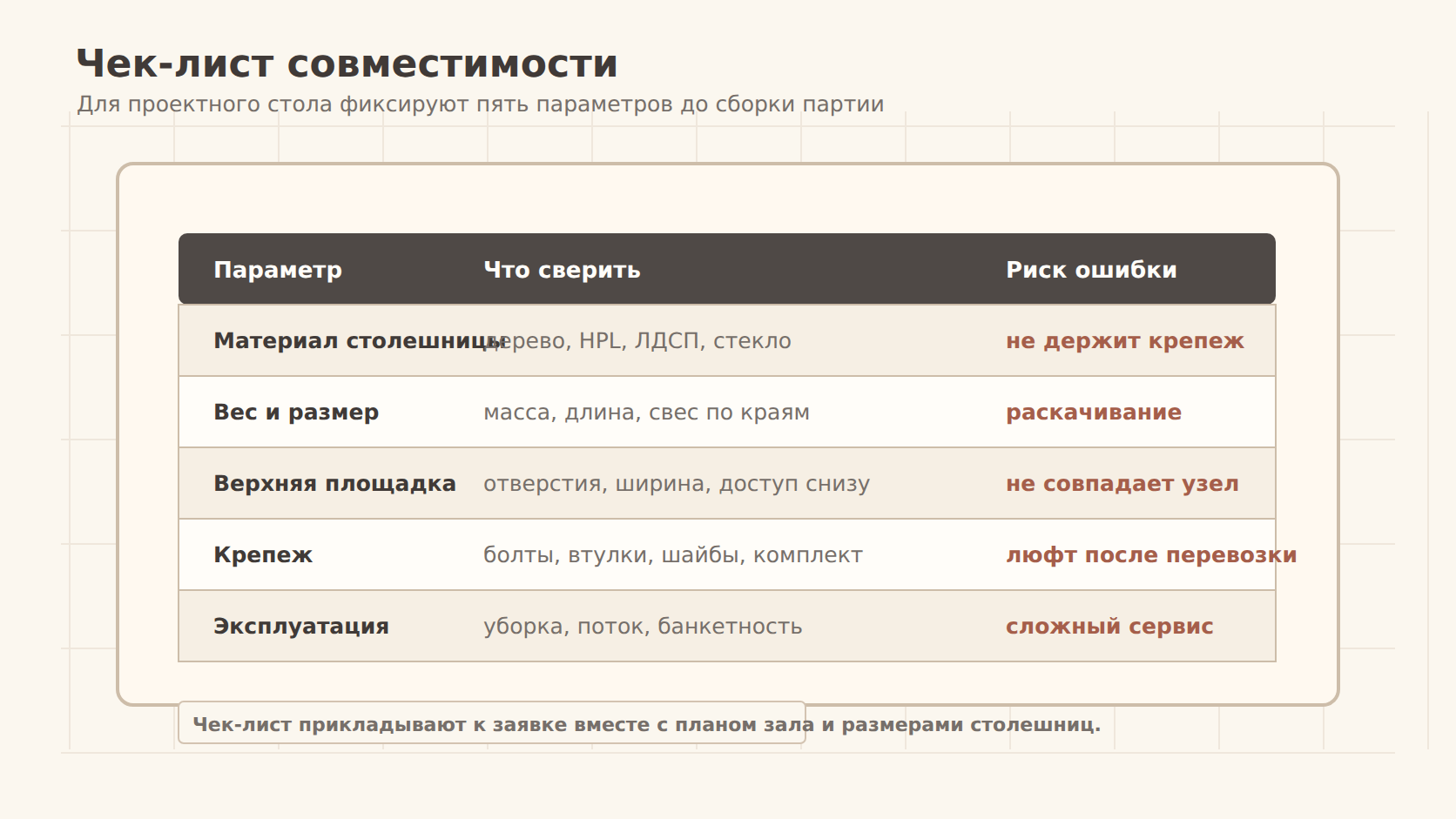Чек-лист совместимости столешницы и подстолья перед заказом