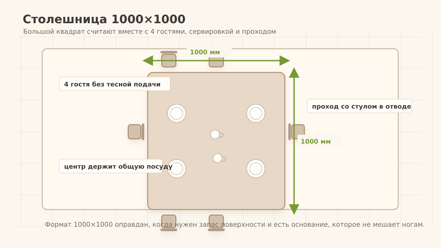Схема столешницы 1000х1000 для кафе с посадкой четырех гостей