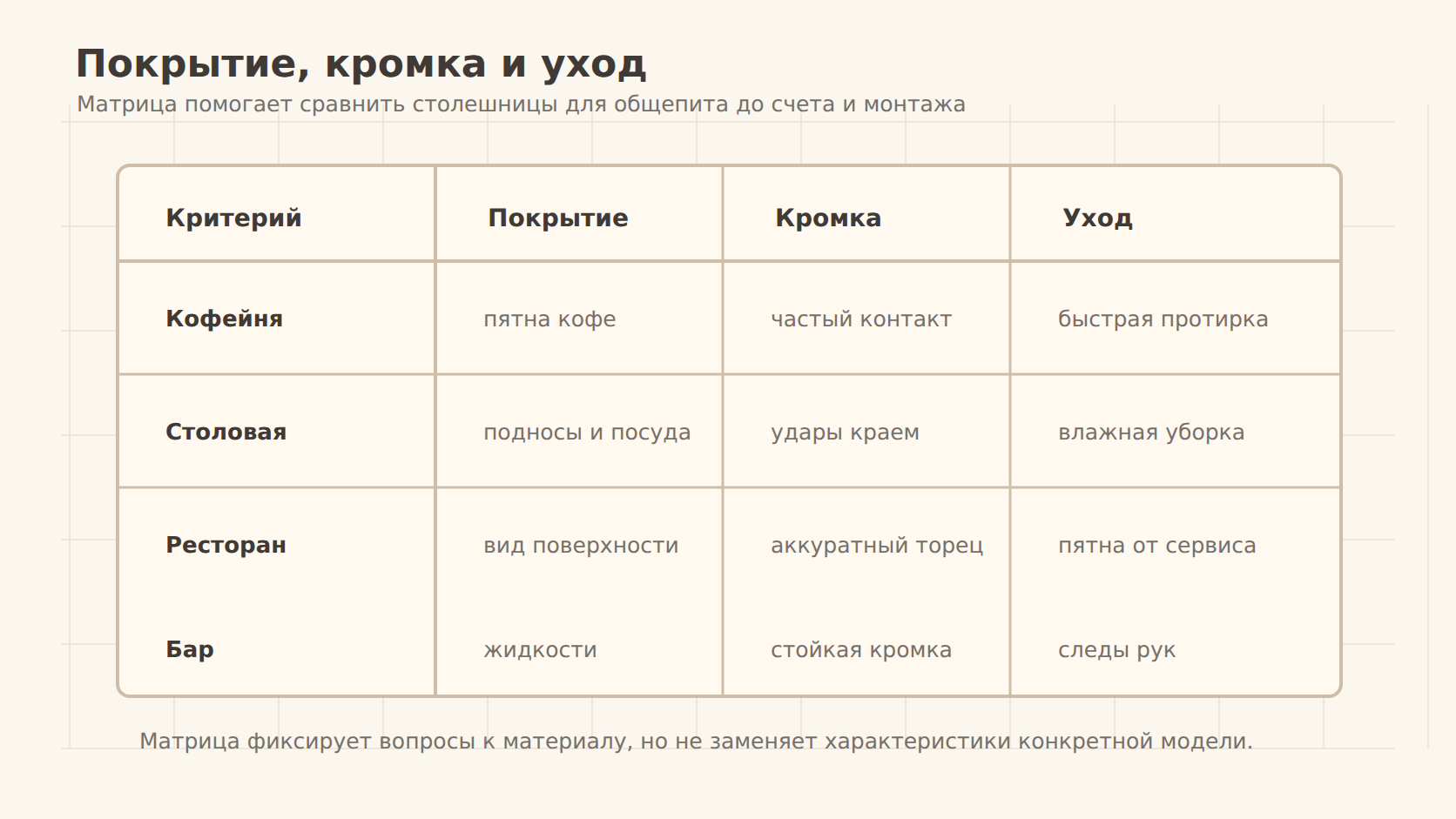 Матрица покрытия, кромки и ухода для столешницы общепита